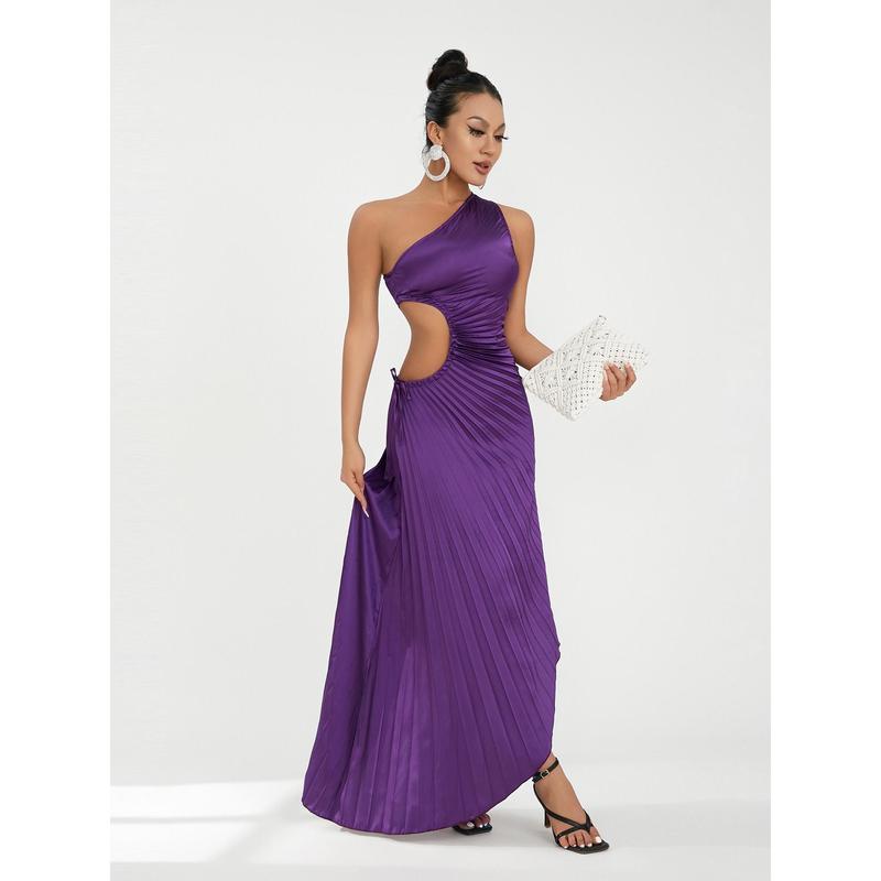 Emerald Green One-Shoulder Pleated Maxi Dress for Women - Sleeveless, Asymmetrical Hem, Floral Print, Perfect for Cocktail Parties & Formal Events, Emerald Dress