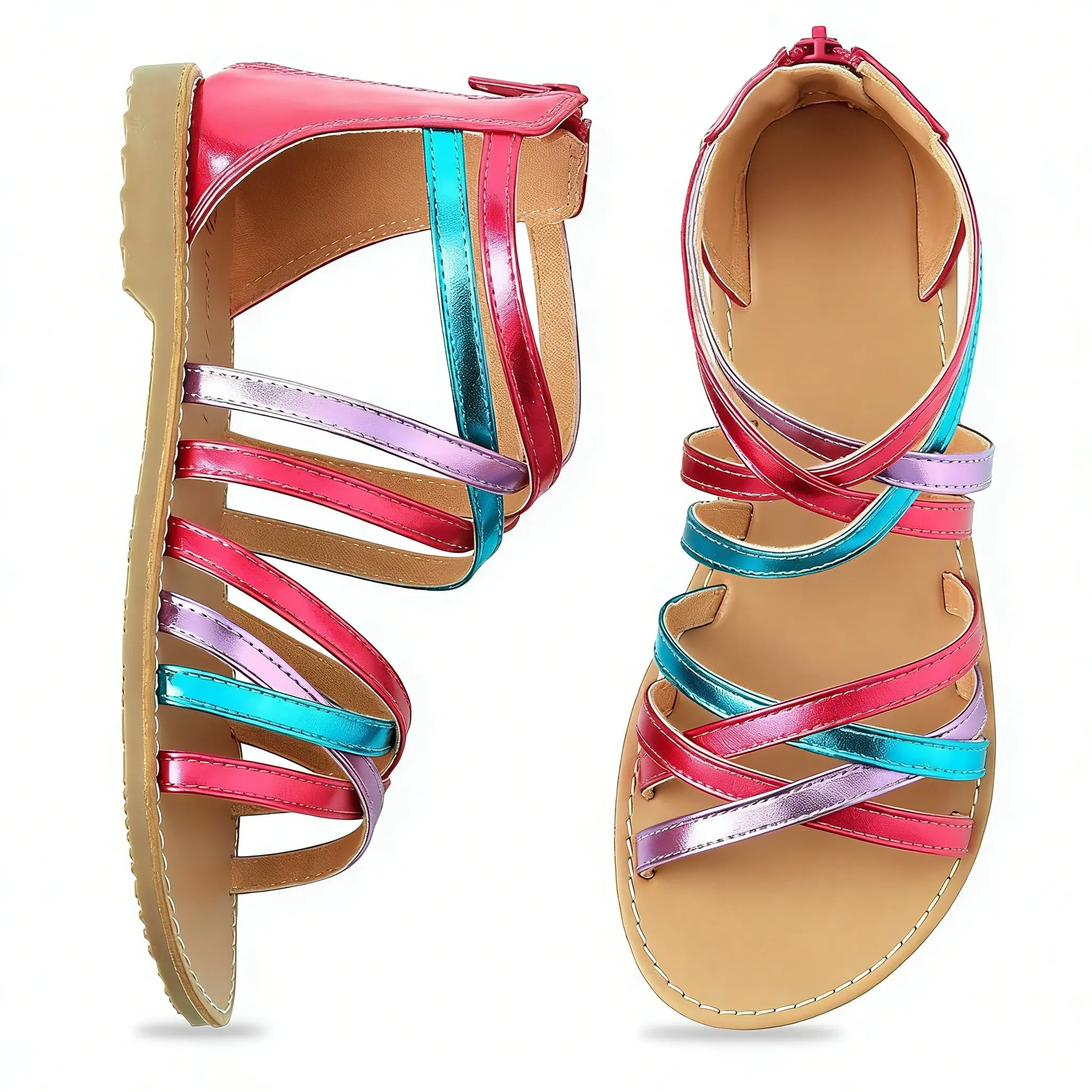 SHOESLOCKER Girls' Gladiator Strap Sandals - 1 Pair for 13 Little Kids, Open Toe, Breathable Summer Footwear, Zippered Heel, Non-Slip Outsole, Multicolor Straps, Slip-On Fit (Rose Gold)