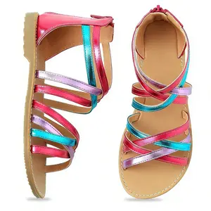 SHOESLOCKER Girls Gladiator Sandals Open Toe Round Toe Breathable Summer Sandals with Heel Zipper Little Kid Big Kid Rose Gold Multicolor Non Slip Outsole