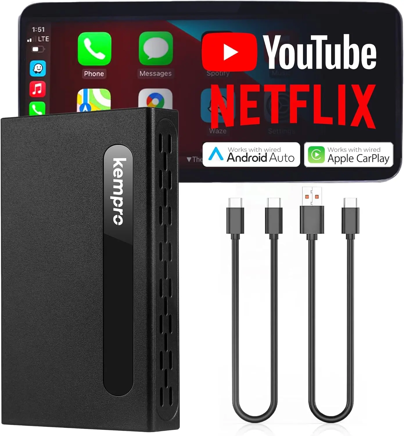 KemPro Smart Box 3-in-1 Adapter - Wireless CarPlay Dongle, Android Auto Converter, Wired CarPlay System Compatible, Built-in Streaming Apps, USB A/C Ports, Manufacturer Warranty