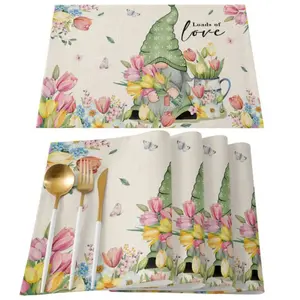 4pcs Easter Placemats Cotton Linen Heat Resistant Table Mats Non-Slip Easter Bunny Gnome Placemat Decoration for Home Kitchen