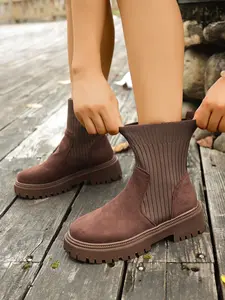 Women's Fall Boots, Chelsea Boots, Fashion Nude Booties, Thick Sole Short Boots, Elastic Wearable Boots, Work Ankle Boots, Footwear Boot, Copper Brown