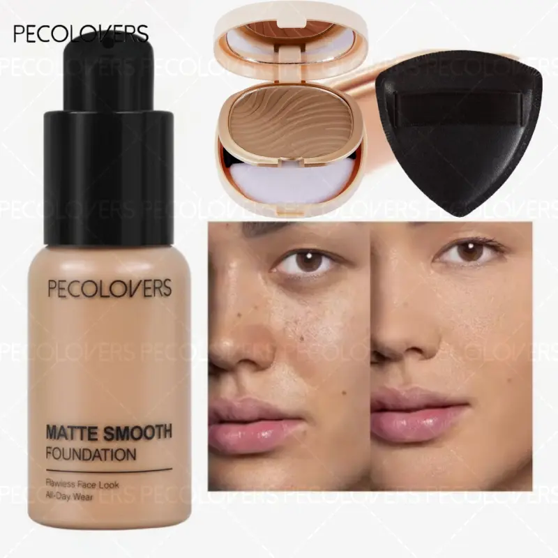 Waterproof Oil Control 3pcs Makeup Set, Face Makeup Sets, Liquid Foundation + Pressed Powder + Makeup Puff, Sweatproof Long-Lasting Conceals Dark Circles Full Coverage Flawless Face Kit