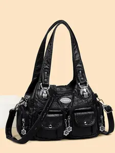 Trendy Rhinestone Flower Pendant Tote Bag, Large Capacity Soft PU Leather Crossbody Shoulder Bag, Multi-Pocket Quilted Design, Versatile Commuter Mom Bag, Rhinestone Decorated Bag
