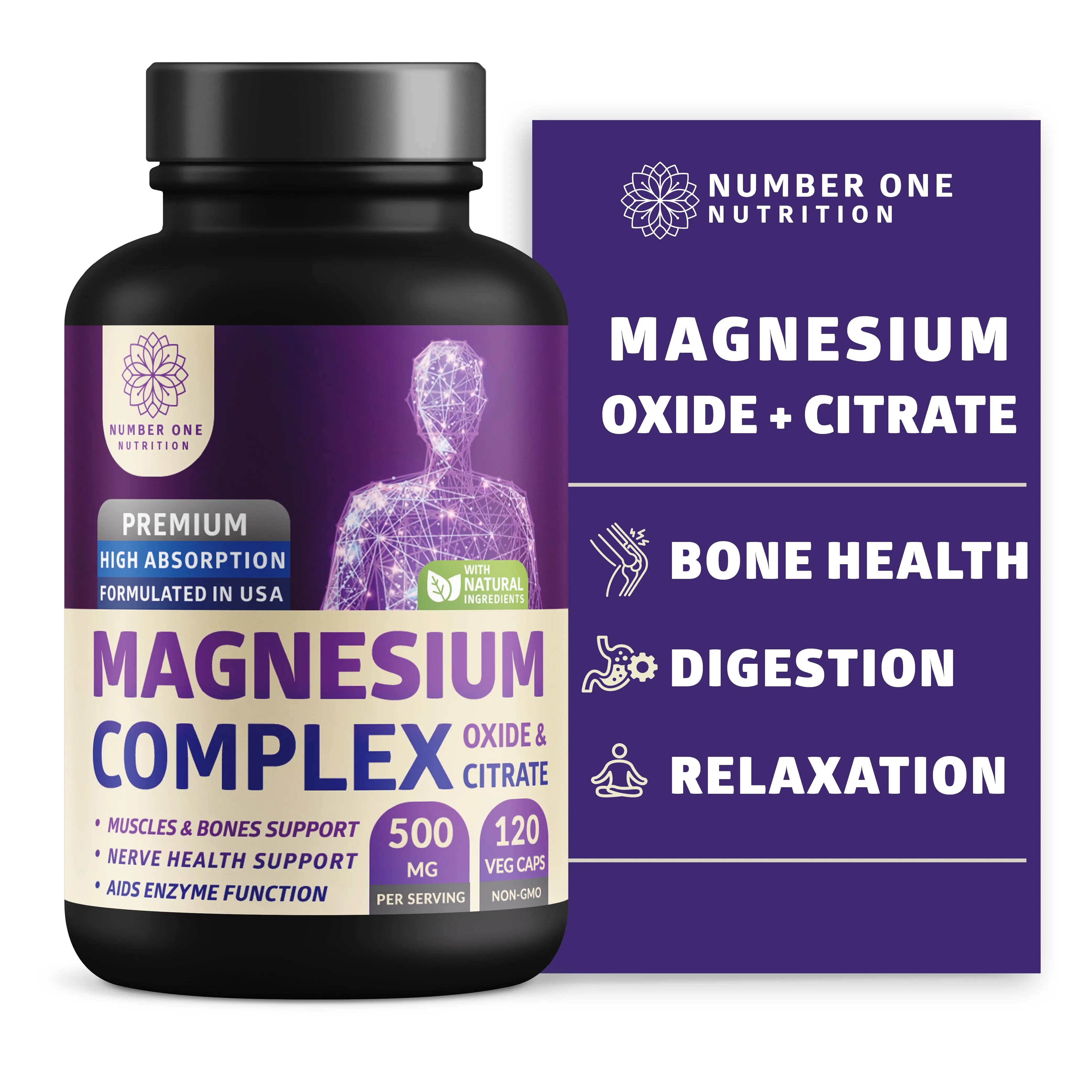 Premium Magnesium Complex - High Absorption Magnesium Supplement for Women and Men to Support Regularity and Bone Health- 120 Veggie Capsules