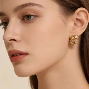 Gold Flower Pearl Stud Earrings for Women Vintage French Elegant 14K Gold Plated Dainty Floral Pearl Jewelry Trendy Accessories for Wedding Bridal Bridesmaid Prom Party Birthday Anniversary Holiday Gift Daily Wear for Her Mom Girlfriend BFF Sister
