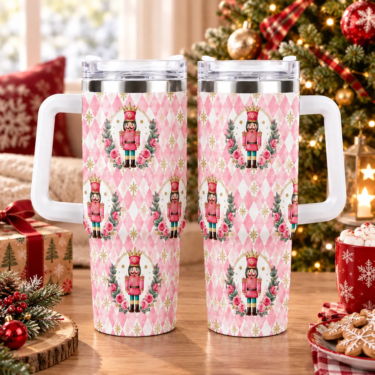 1Pc 40oz 20Oz Pink Nutcracker Floral Stainless Steel Tumbler, Double-Wall Vacuum Insulated Travel Mug With Lid, Coffee Cups With Lids, Perfect Gifts For Birthdays And Holidays, Christmas gifts, Christmas Tumbler