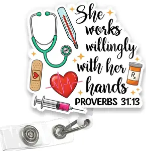 She Works Willingly With Her Hands Badge Reel Proverbs Verse, Christian Nurse Retractable Acrylic ID Holder AQE
