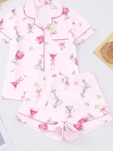 Women’s Cocktail Print Pajama Set – Button-Up Short Sleeve Top & Elastic Waist Shorts, Soft Comfortable Sleepwear