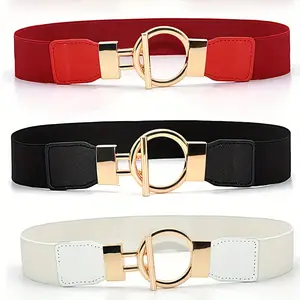 A must-have for Women's daily wear, 3pcs round buckle wide waistband, classic solid color elastic waistband, elegant coat waistband