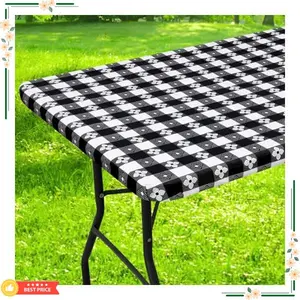 Rectangle Picnic Table Cloth, Waterproof Elastic Fitted Outdoor Table Covers for 6 Foot Tables, Flannel Backed Plastic Vinyl Tablecloths for Camping, Dining and Indoor (30"x72", Black & White)