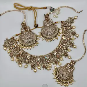 Desi Champagne Royal Kundan Necklace and Earring Set: Traditional Indian Jewelry