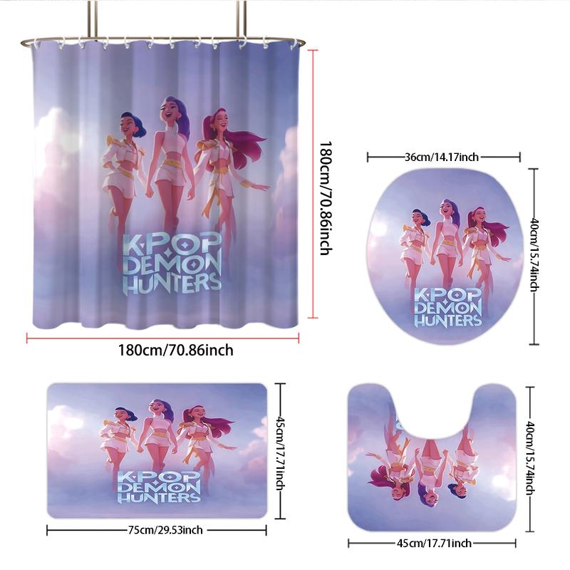 K-Pop Demon Hunters Bathroom Set, Shower Curtain with Hooks, Non-Slip Bath Rug, U-Shaped Toilet Mat, Toilet Lid Cover, Bathroom Decoration Accessories