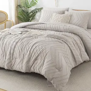Linen Queen Size Comforter with - 7 a Bag Queen Boho Tufted Complete Beddding Sets with Comforter,, Pillowcases  Shams