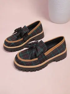 Women's Loafers Flat Spring & Fall 2026 New Plaid Bow British Style Small Leather Shoes, Casual Textile Upper PVC Sole