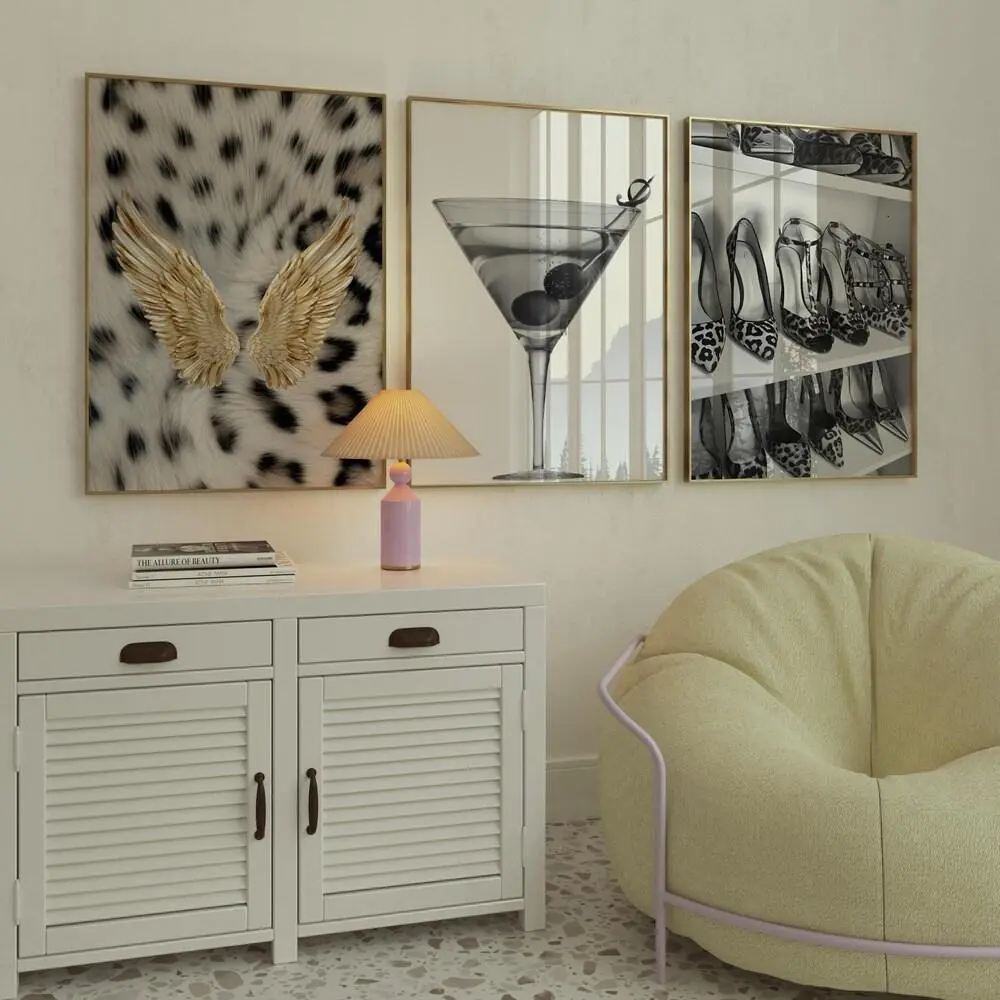 Set of 3 Leopard Gallery Wall Set, Gold Angel Wings, Martini Cocktail & Animal Print Heels, Glam Maximalist Bedroom Decor, Download Prints