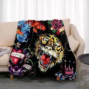 3D Hardy Tattoo Tiger Skull Flannel Blanket - Premium Flannel Material Soft Comfortable Warm Throw for Living Room Bedroom Sofa Office Leisure Mother's Day Valentine's Day Birthday Christmas Gift