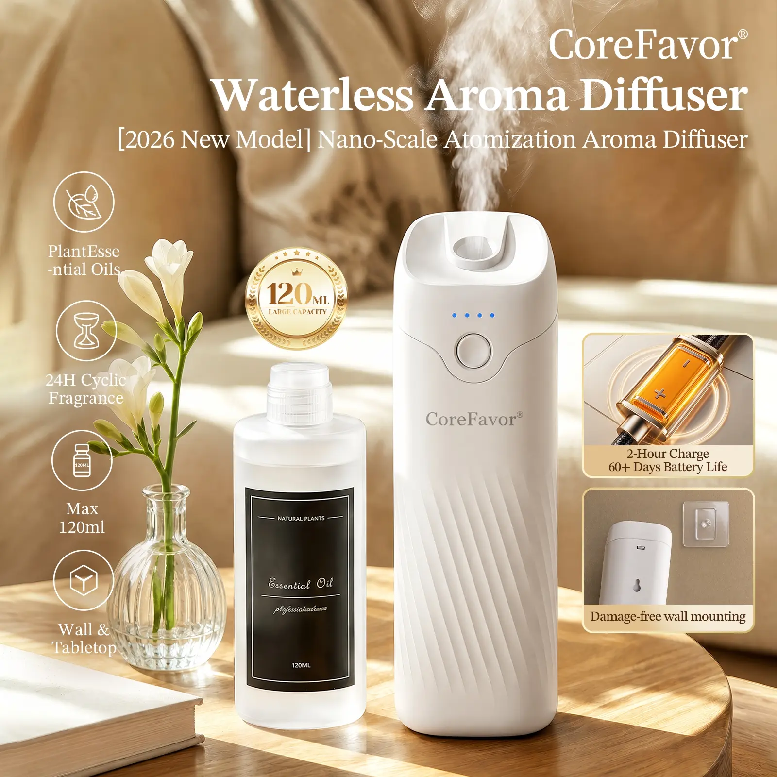 CoreFavor Waterless Essential Oil Diffuser - 120ml Cordless Compact Form Portable Unit, USB Rechargeable Batteries, Wall Mount, 4 Adjustable Fragrance Levels, Quiet Small Footprint Humidifier for Bathroom, Bedroom, 0.12L