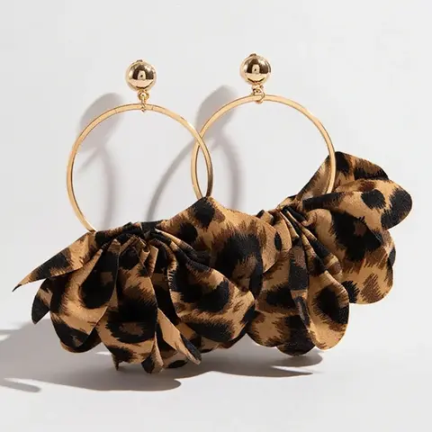Vintage Leopard Print Fabric Hoop Earrings for Women, Statement Earrings, Fashionable Earrings, Trendy Round Hoops, French Romantic Style, Leopard Ruffle, Perfect for Parties & Gifts, Fashion Jewelry Party, Fashion Accessory, Earrings Jewelry