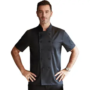 Black Chef Coat With Mesh Lightweight Men Short Sleeve Chef Jacket Uniform for Kitchen Restaurant Bakery