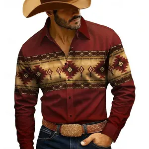 Men’s geometric Aztec ethnic western cowboy shirt — long sleeve, vintage retro, camping/hiking/hunting, spring/fall, turn-down collar, 3D print, button-up; available in white, burgundy, green; menswear tops; casual loose fit or fitted.