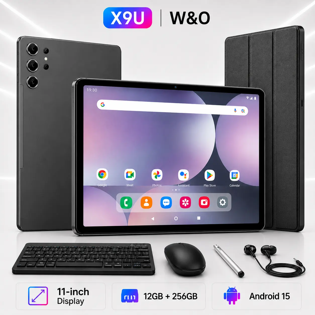 【TikTokShopBackToSchool】W&O X9U Android 15 Tablet, 11" Display, 12GB+256GB, 10000mAh Battery, 5G WiFi, GPS, Keyboard, Mouse, Stylus & Accessories Bundle for Students, Study, Work & Entertainment