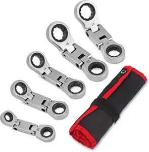 Stubby Wrenches Set, Flex Head Ratcheting Wrench Set Double Box End Ratchet Wrench Metric 8-19mm 5 Pieces (8 to 19 all)