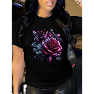 Women'S Floral Rose Print T-Shirt, Casual Crew Neck Short Sleeve Top, 100% Cotton Knit Fabric, All Season Fashion, 180gsm - Black