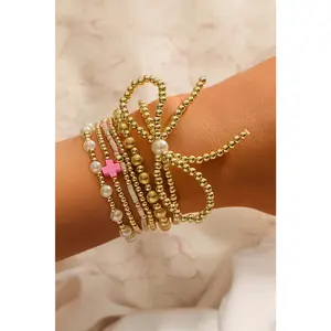 Gold Bow Knot Pearl Decor Beaded Plated Layered Bracelet