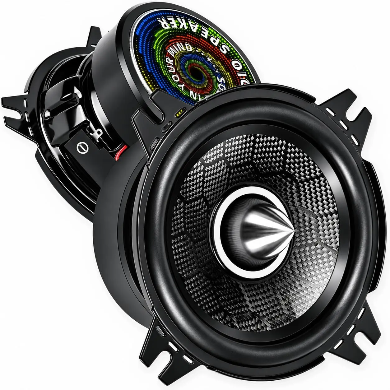 TANVSO  CarbonForce 4 Inch Speakers, 450W Peak 4 Ohm 4 Inch Car Speakers, 4in Bullet Midrange Speakers with Honeycomb-Weave Carbon Fiber Cone, Low-Profile Aluminum Bullet, 2 Pack