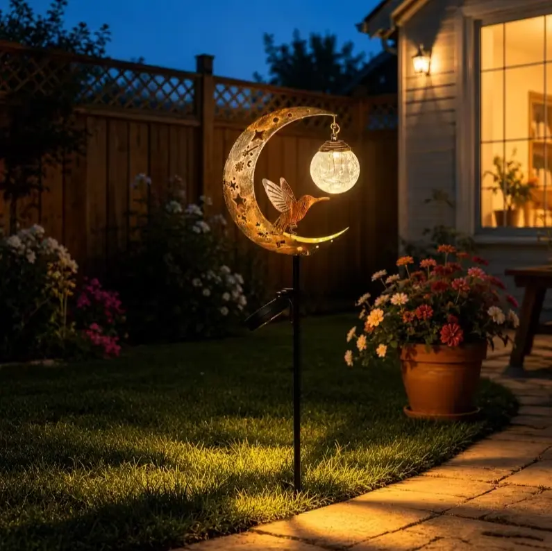 Solar Hummingbird Moon Garden Stake Light, Waterproof LED Decorative Outdoor Path Lamp for Yard, Patio, Pathway, Lawn Decor, Warm White Hanging Glass Ball Light, Unique Metal Art Garden Stake Gift for Garden Lovers, Outdoor Lighting Decoration
