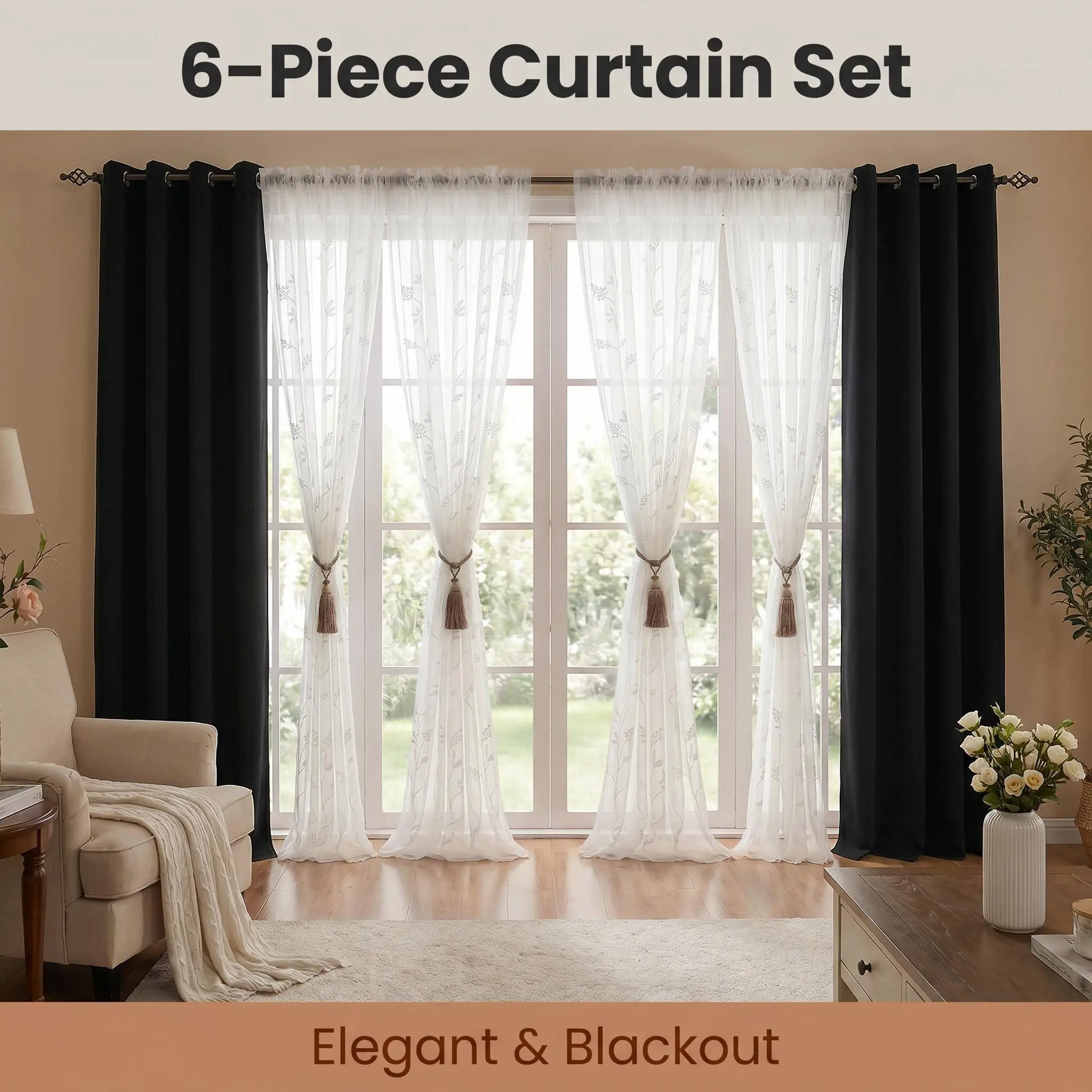 Lumina 6-Panel Home Decorative Window Curtain Set, 52"x84" Blackout & Sheer Combo - 2 Privacy Grommet Blackout Curtains, 4 All-Over Embroidery Rod Pocket Sheers, Thermal Noise-Reducing Easy Install Drapes for Bedroom, Rustic Farmhouse Decor, QF222 FT7005