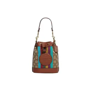 COACH Dempsey 14 Mini Drawstring Bucket Bag in Khaki with Canvas and Leather Construction for Women Daily Commuter Purse Crossbody Tote