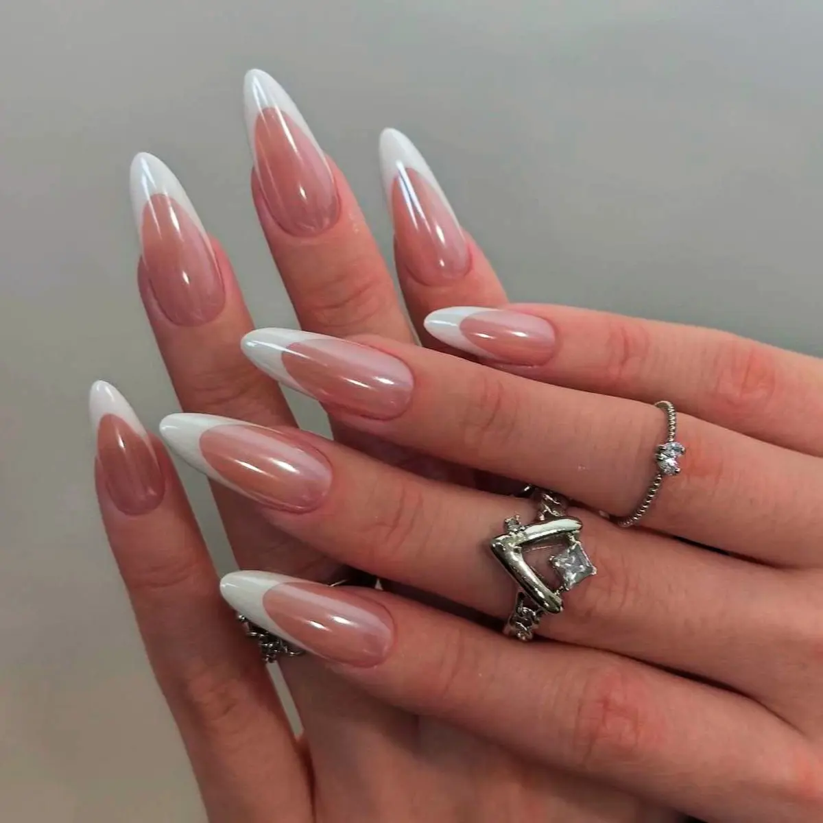 Glazed White French Tips Medium Almond Press On Nails – 24 pcs Fake Nails, Kit with Jelly Glue & File, Glossy Chrome French Nails for Everyday Glam & Special Occasions