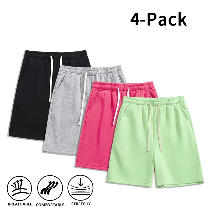 4-Pack Men Stretch Breathable Drawstring Sweat Shorts, Relaxed Loose Fit Elastic Waist Athletic Shorts, Comfort Knee Length Casual Bottoms For Jogging Gym Hiking Sports Meetups Walking Training, Essential Summer Daily Sweat Shorts For Men