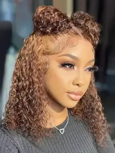 100% Human Hair 13x4 HD Lace Frontal Wig Ombre Brown Curly Hair Short Bob Wig P4/27 Highlight Deep Wave Human Hair Wigs For Women Human Hair Highlights