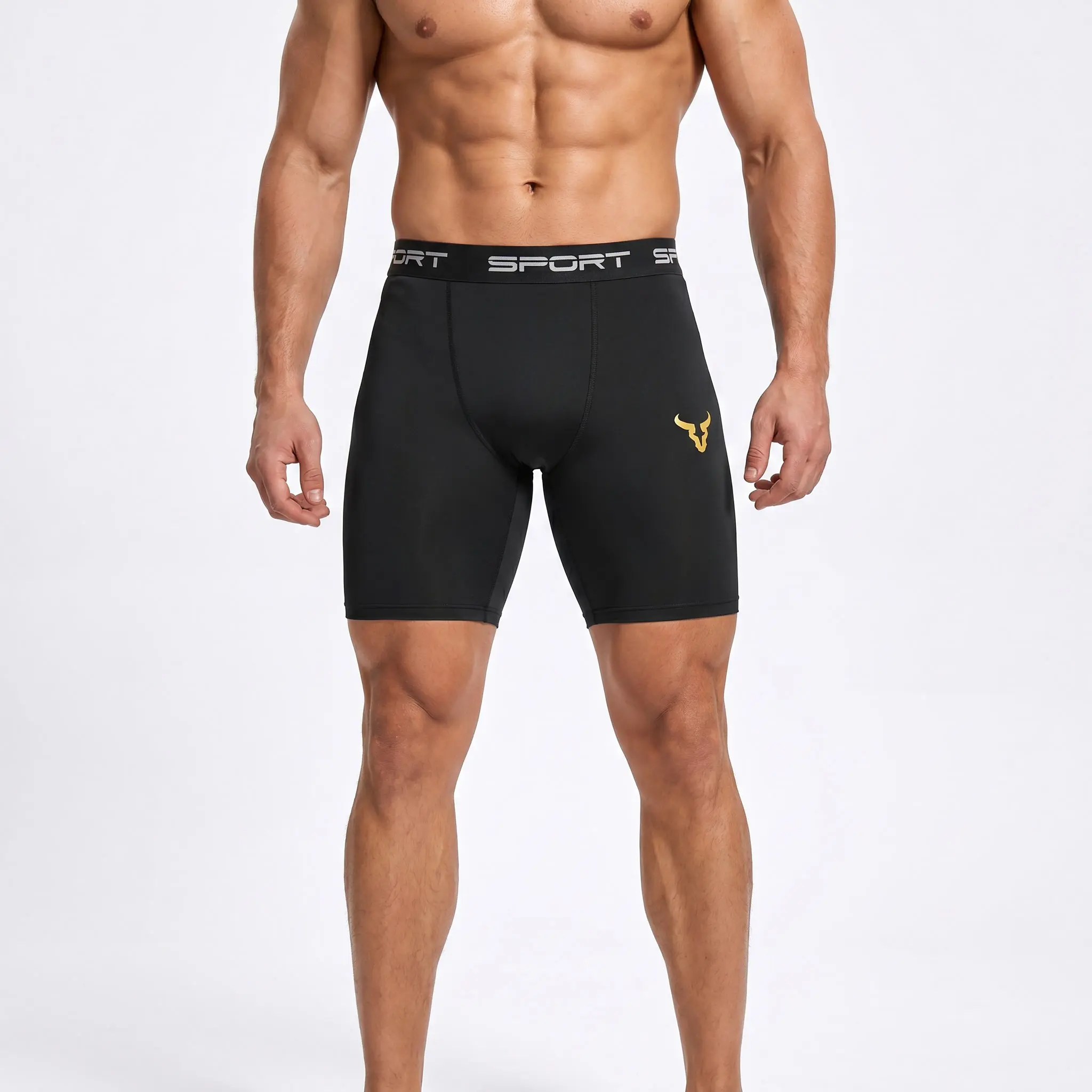 Men's Compression Shorts,Men's Gym Shorts with Golden Bull Head Graphic,Breathable Workout Shorts,Men's Sporty Tight-Fitting Shorts,High-Elasticity Gym Workout Shorts,Compression Athletic Fitness Shorts for Sports, Workouts, Running, Performance Training