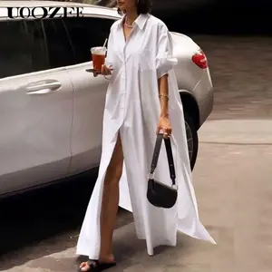 UOOZEE Women's Solid Color Shirt Long Dress, White Loose Stand Collar Dress, Split Long Dress