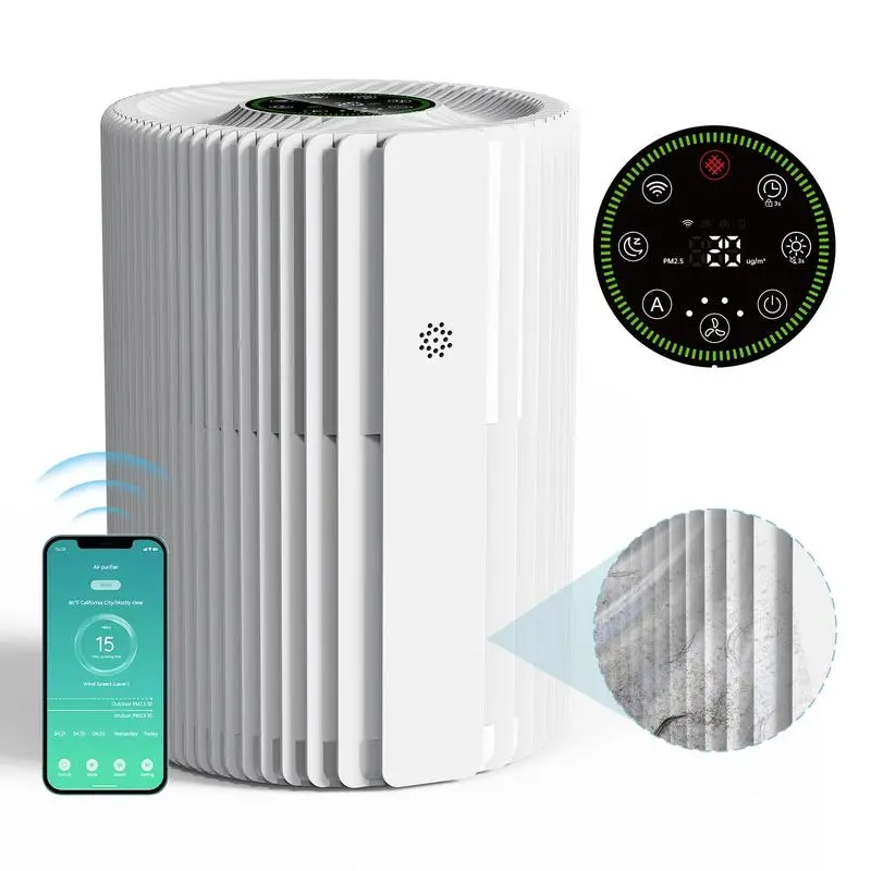 MKD07W Smart Air Purifier for Home & Office (19.5x18.5x27cm/7.7”l x7.3”w x10.6”h, 3.3 lbs) with 360° Air Intake, 3-Layer Filtration, Carbon Filter, Smart Sensor, App Control, Child Lock, 4 Fan Speeds, Sleep Mode, Timer Settings, yes/no Functionality, Odor