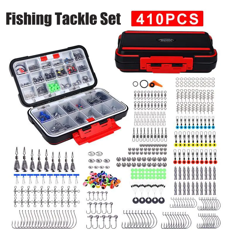 【Apkalyllu】  410Pcs Complete Fishing Accessories Kit With Waterproof Tackle Box - Jig Heads, Hooks, Sinkers & Swivels, All-In-One Fishing Equipment For Saltwater & Freshwater