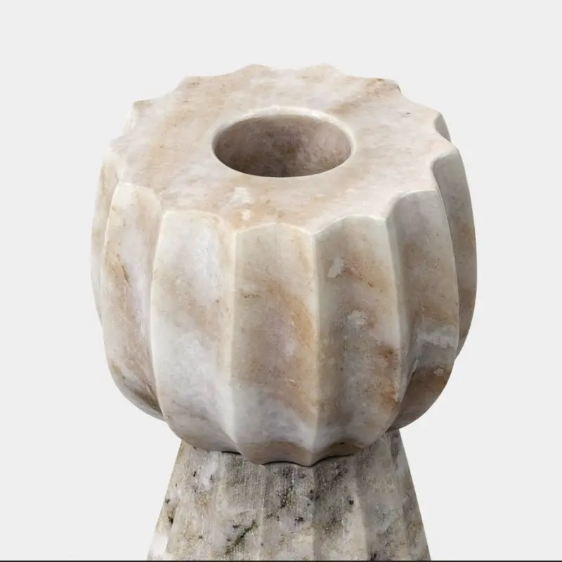 Short Marble Taper Candle Holder with Fluted Design Natural Multicolor Finish in White Grey and Beige 3.25in H