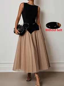 Two piece set of women's fashionable French light luxury style sleeveless vest+mesh large swing skirt [excluding belt] waist cinching slimming temperament set, suitable for summer, daily work, business meetings, dinners, birthday parties