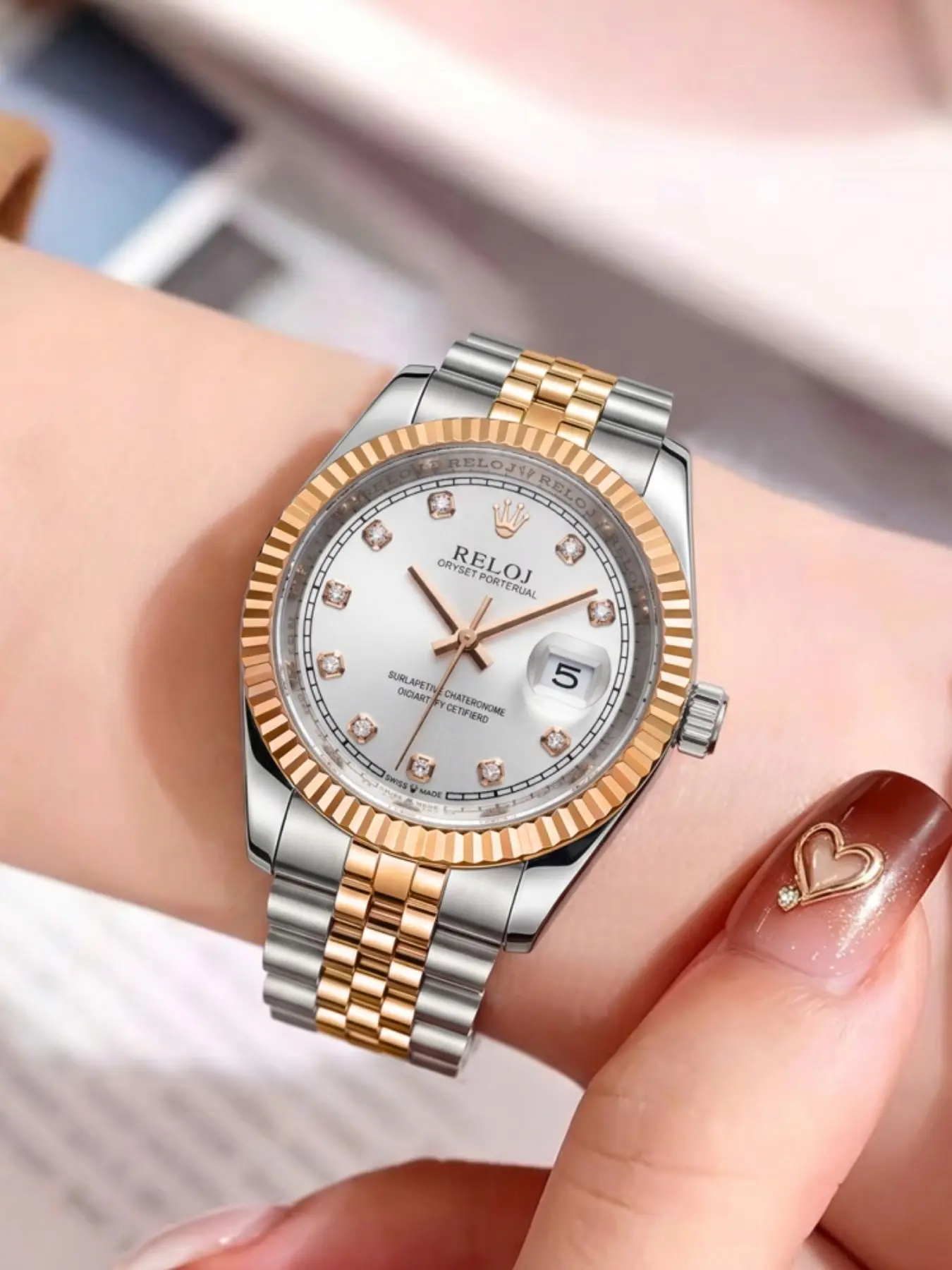 Elegant Rose Gold Women's Quartz Analog Watch, Diamond-Encrusted Calendar, Waterproof Steel Band, Luxury Casual Female Watch