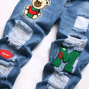 Men's Bear Design Digital Patched Distressed Denim Jeans