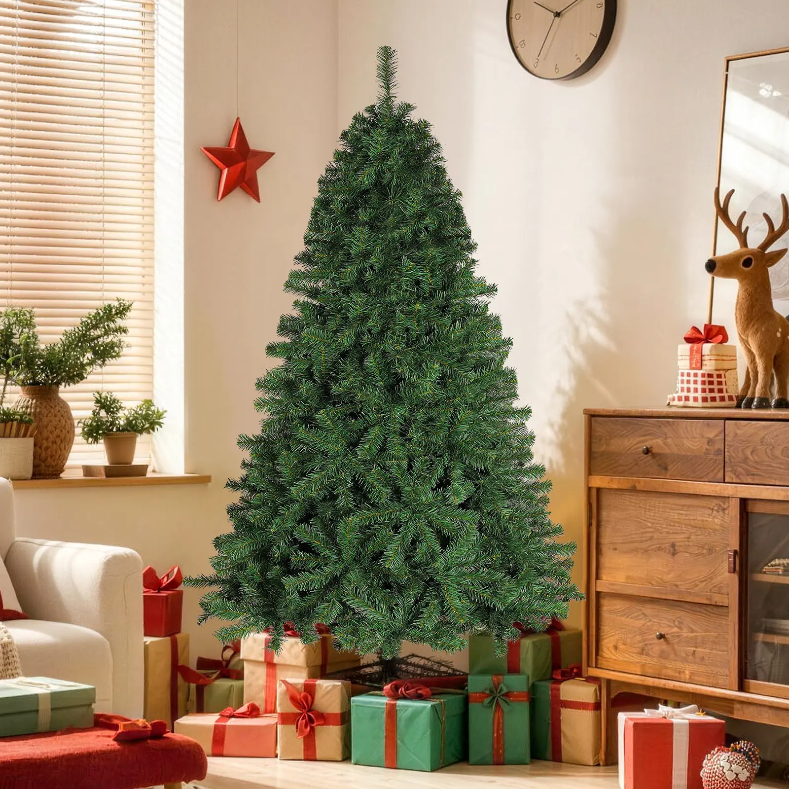 Okicoler 6.5FT Premium Unlit Artificial Spruce Christmas Tree, 1000 Full Dense Branch Tips, 3-Section Hinged Design, Sturdy Foldable Metal Stand for Indoor Holiday Decor