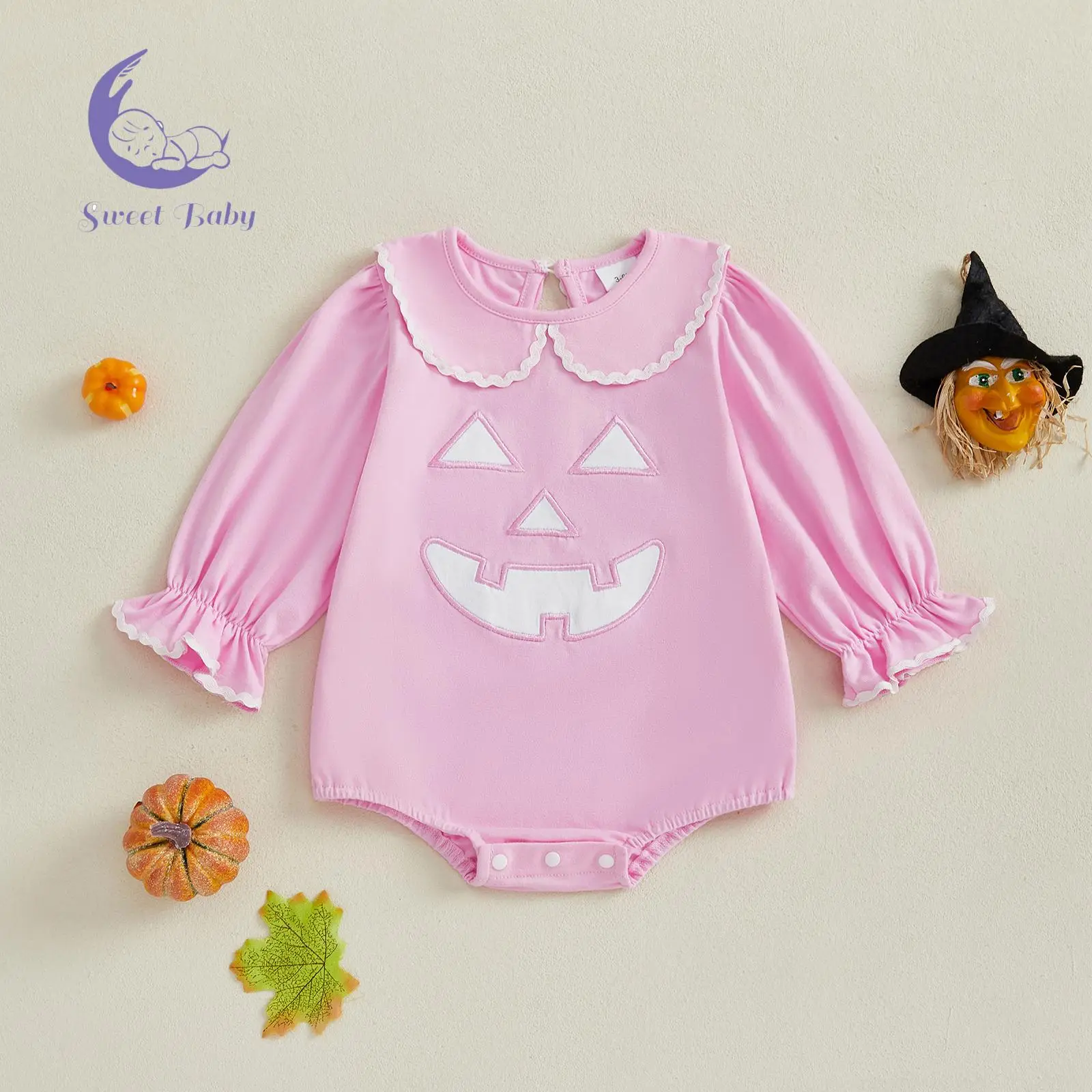 Baby Girl Halloween Bodysuit Long Sleeve Doll Collar Pumpkin Romper Newborn Fall Playsuit