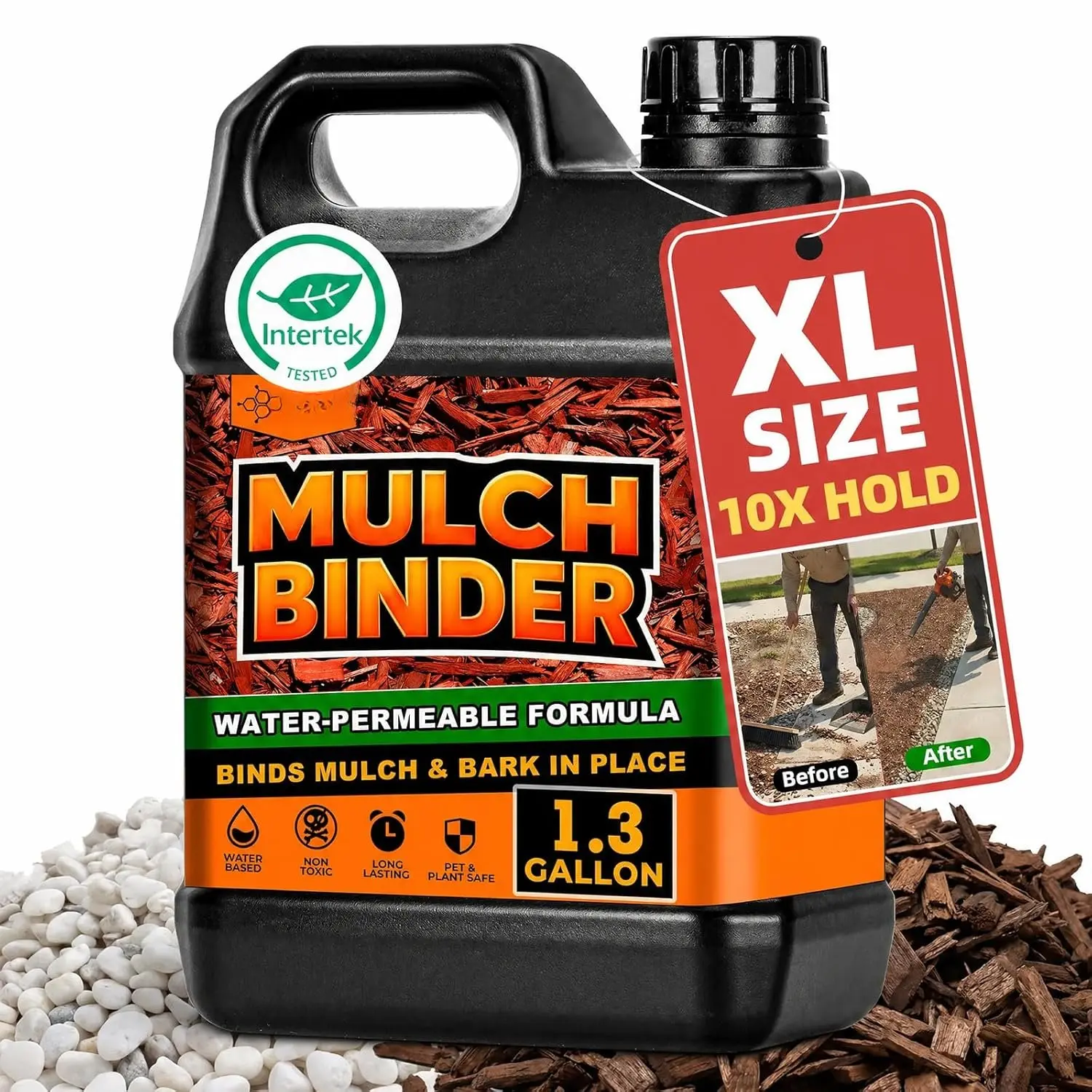 Mulch Binder for Landscaping - 1.3 Gallon Intertek Certified Safe Gravel Binder, Gravel Glue for Landscaping for Rubber Mulch, Pebbles & Stone, Landscape Glue, Water Permeable, Lasts 2