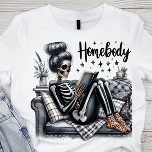Women's Cotton Short-Sleeve Round Neck Casual Graphic Tshirt - HOMEBODY GLITTER SKELLY, Super Soft All-Season Clothes, Skull Glitter Design, Comfortable Everyday Women's Wear