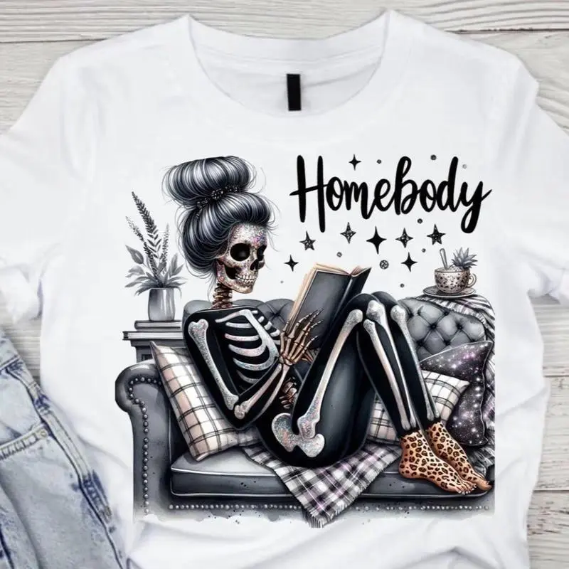 Women's Cotton Short-Sleeve Round Neck Casual Graphic Top - HOMEBODY GLITTER SKELLY, Super Soft All-Season Lady's T-Shirt, Skull Glitter Design, Comfortable Everyday Women's Clothes