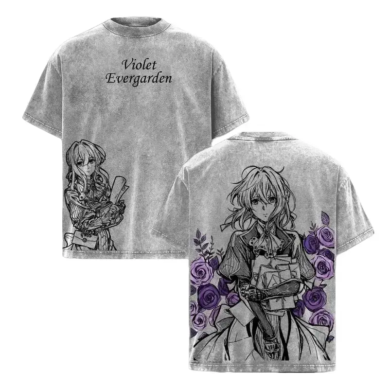 Violet Evergarden Anime Vintage Acid Wash Graphic Tee | Aesthetic Streetwear Grey Mineral Wash T-Shirt | Retro Manga Portrait Graphic | Premium Cotton Relaxed Fit Grunge Gift